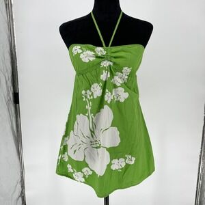 Y2K Roxy Green Tropical Hibiscus Floral Babydoll Halter Top Women's M Summer
